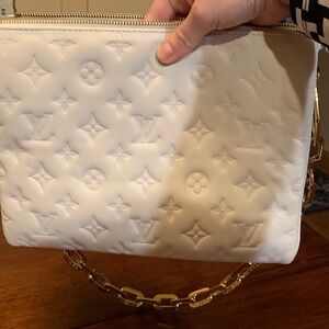 Authentic Louis Vuitton White Embossed purse with Gold Chain, rare cream color.